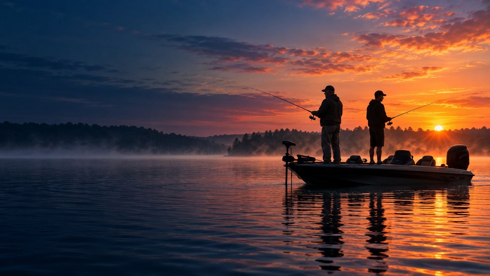 Anglers fishing on a lake at sunrise